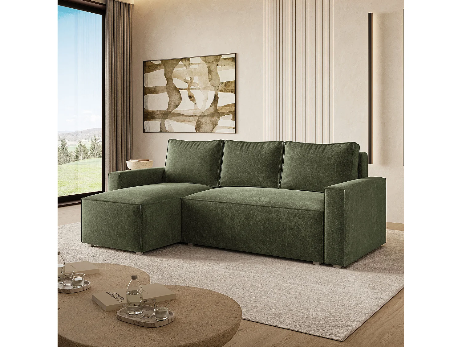 Hoekbank POTARO, met slaapfunctie, Chenille Groen
