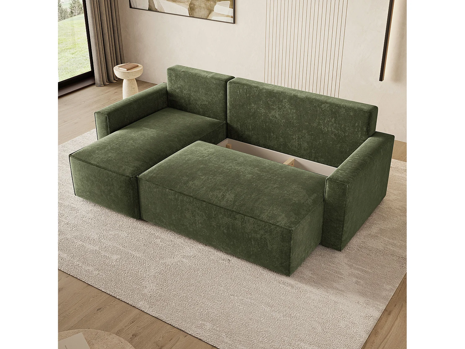 Hoekbank POTARO, met slaapfunctie, Chenille Groen
