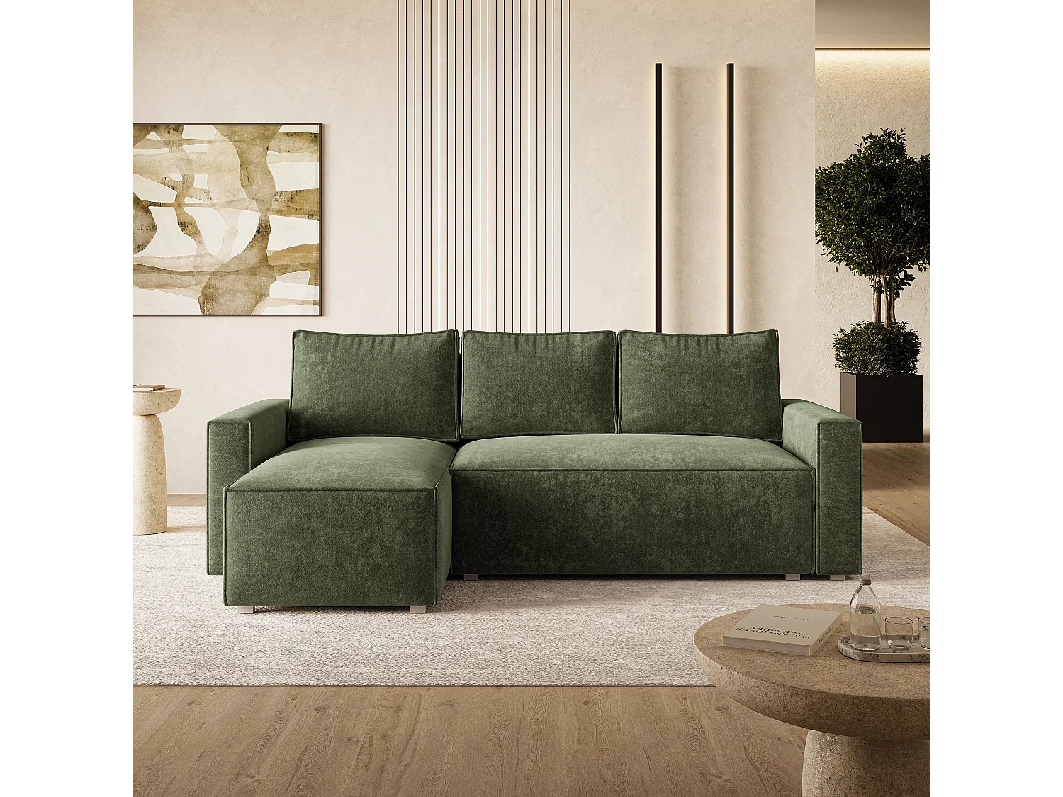 Hoekbank POTARO, met slaapfunctie, Chenille Groen