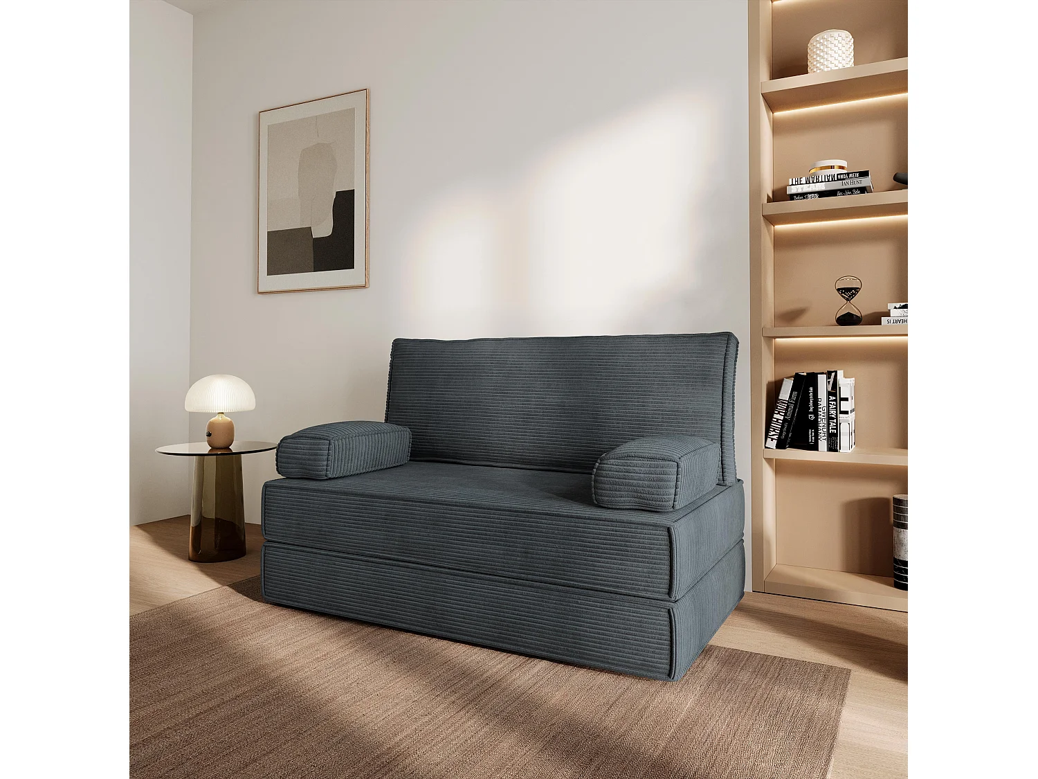 Canapé compressé LADIA sans cadre métallique, Velours côtelé POSO, Anthracite