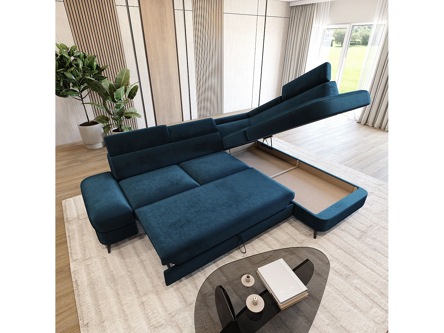 Hoekbank AVISE, met slaapfunctie, Veloursstof Blauw