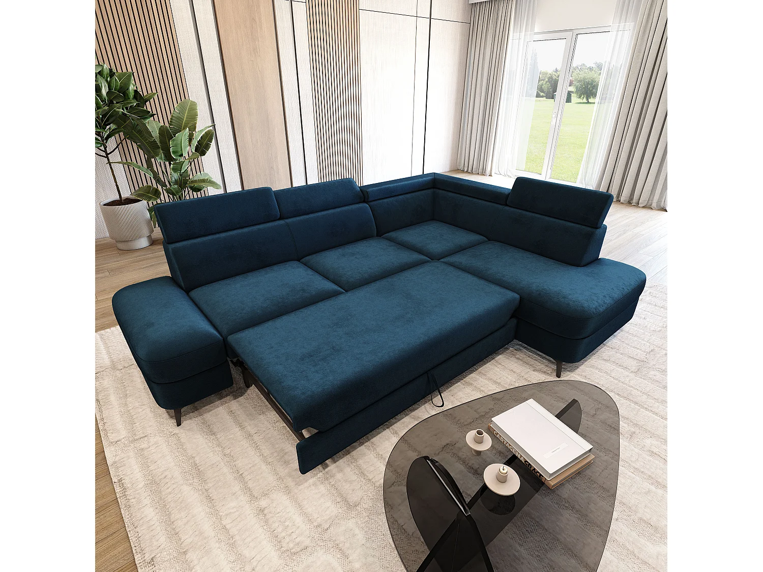 Hoekbank AVISE, met slaapfunctie, Veloursstof Blauw