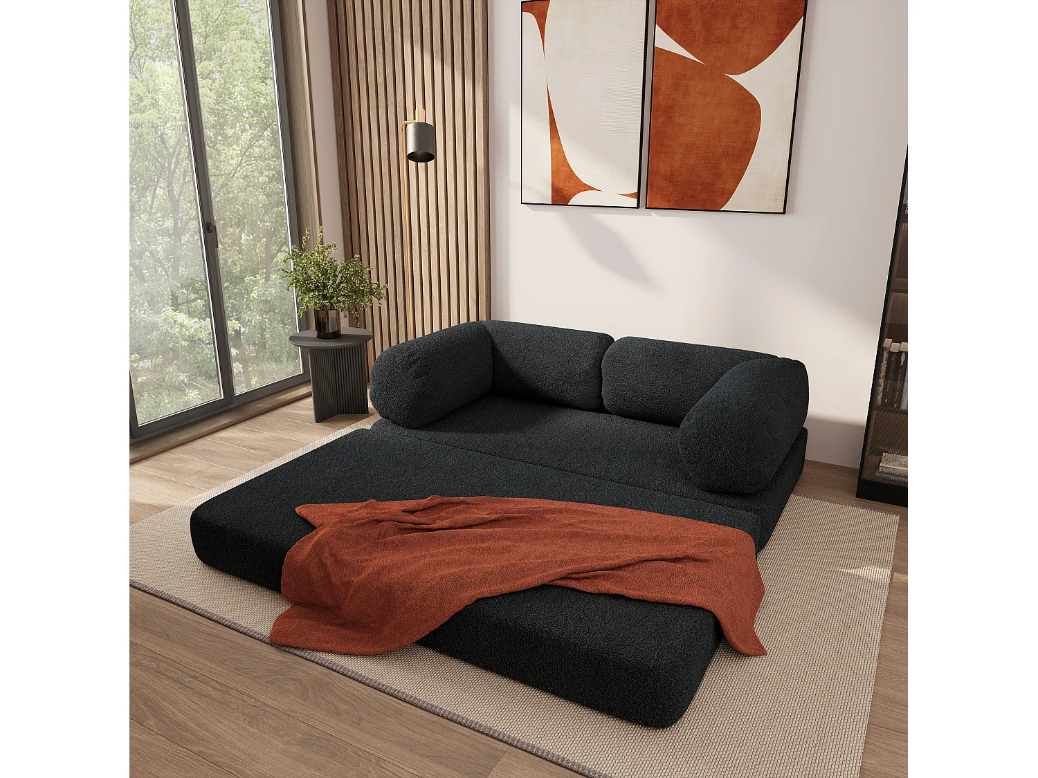 Canapé compressé EIREN sans cadre métallique, Tissu bouclé, Noir