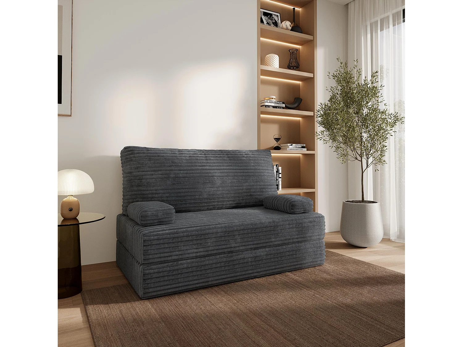 Canapé compressé LADIA sans cadre métallique, Velours côtelé TILIA, Anthracite