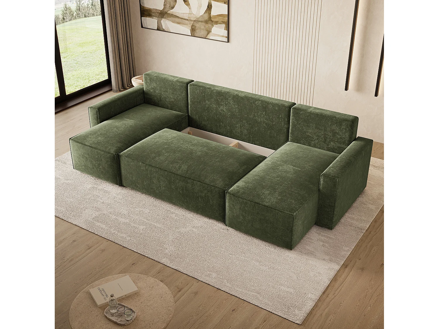 Hoekbank ASPRA, met slaapfunctie, Chenille Groen