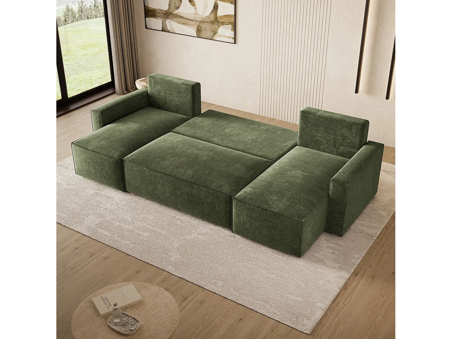 Hoekbank ASPRA, met slaapfunctie, Chenille Groen