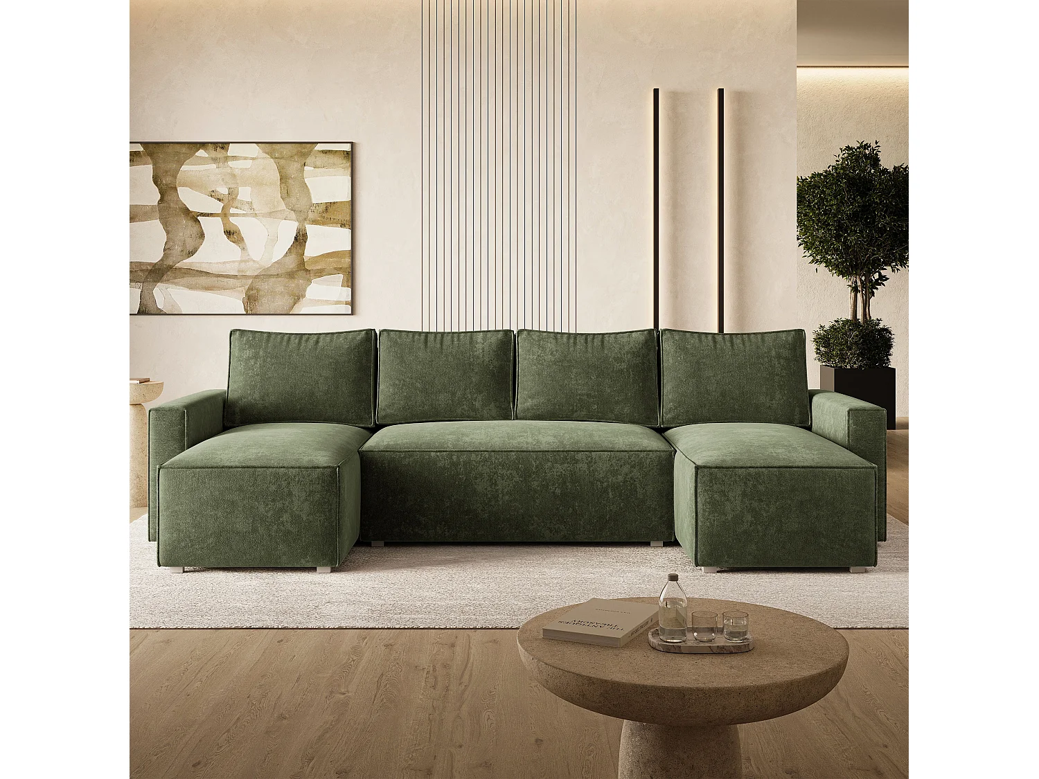 Hoekbank ASPRA, met slaapfunctie, Chenille Groen