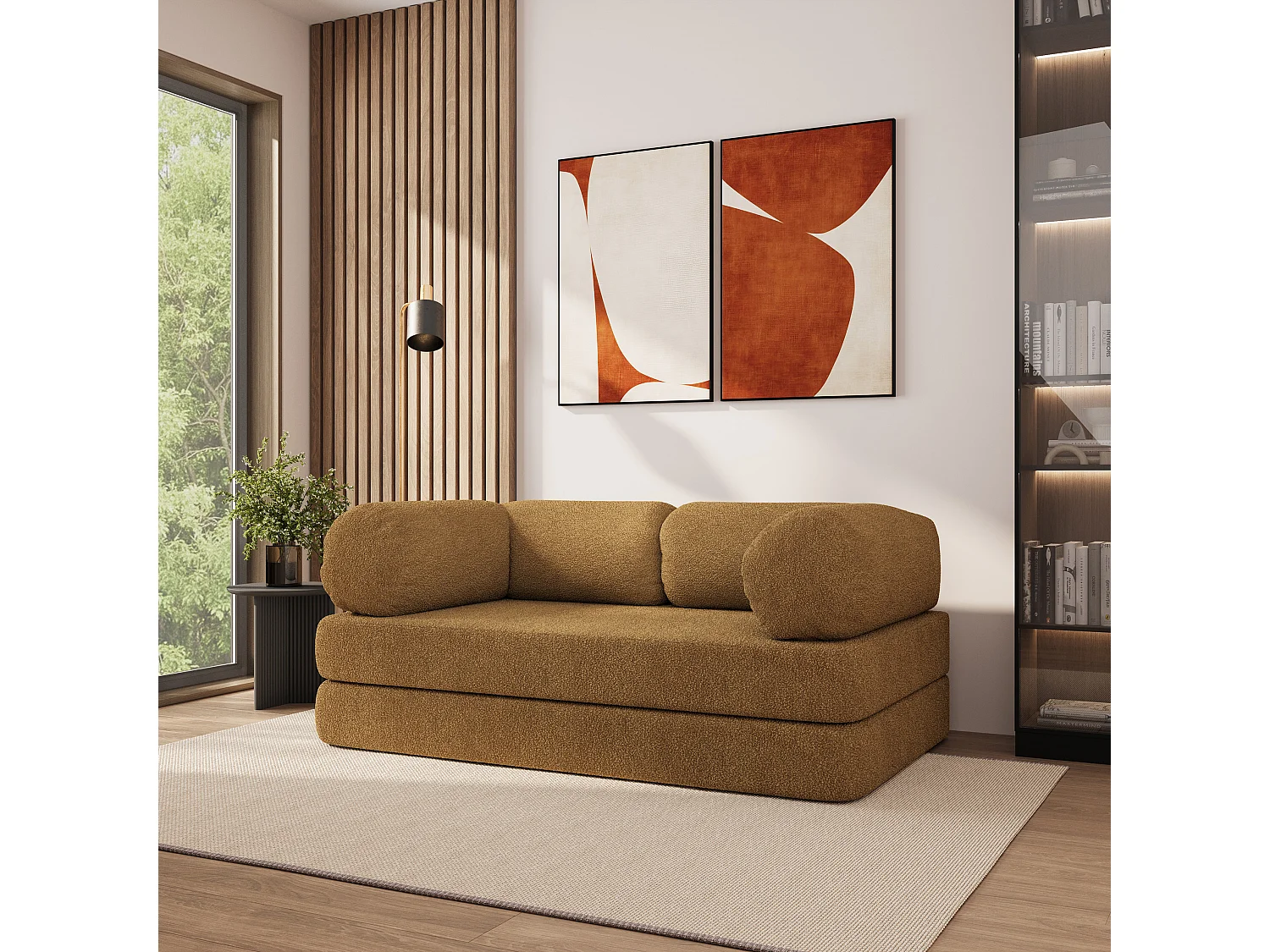 Canapé compressé EIREN sans cadre métallique, Tissu bouclé, Miel