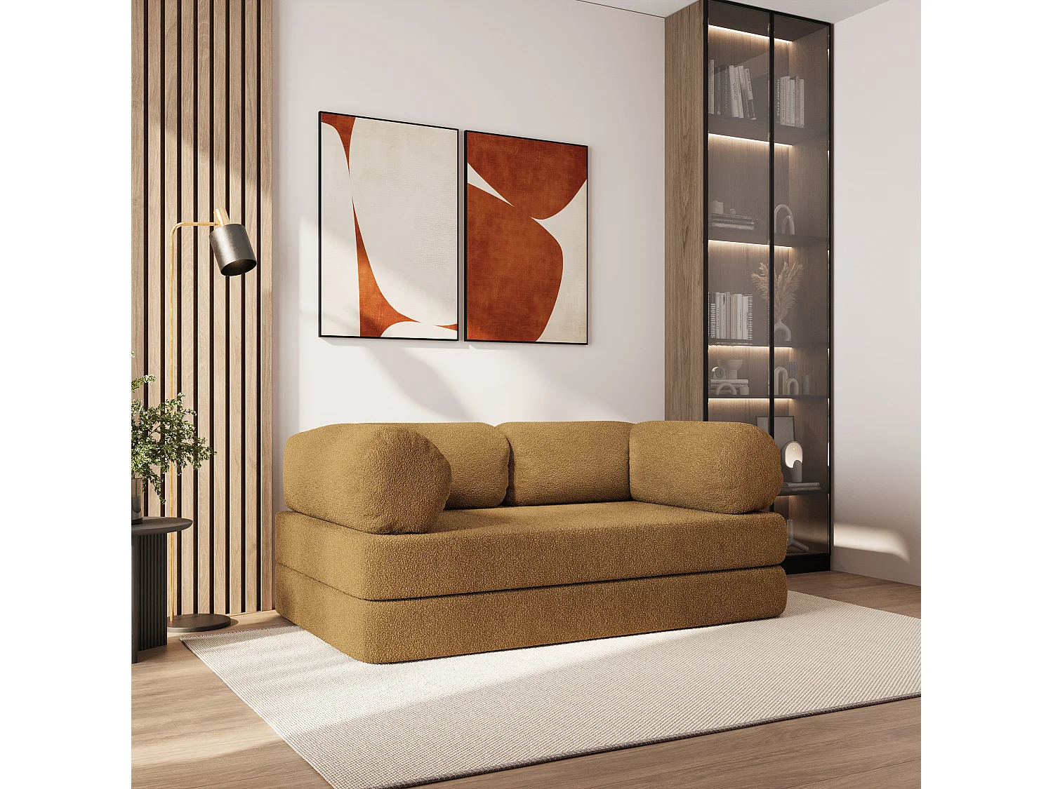 Canapé compressé EIREN sans cadre métallique, Tissu bouclé, Miel