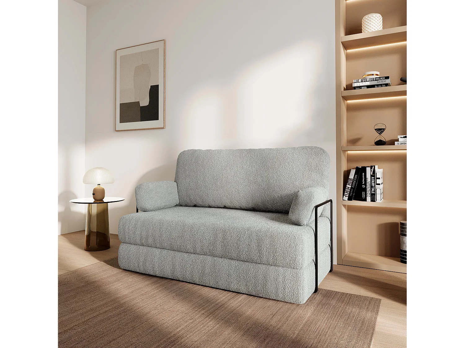 Canapé compressé KESTE avec cadre métallique, Tissu bouclé, Gris clair