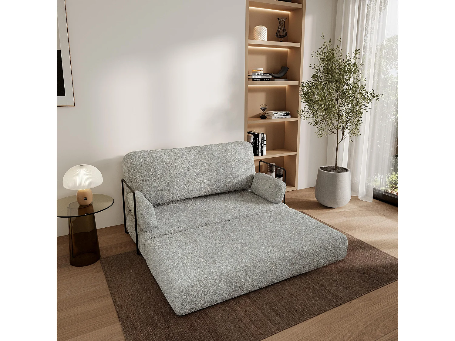 Canapé compressé KESTE avec cadre métallique, Tissu bouclé, Gris clair