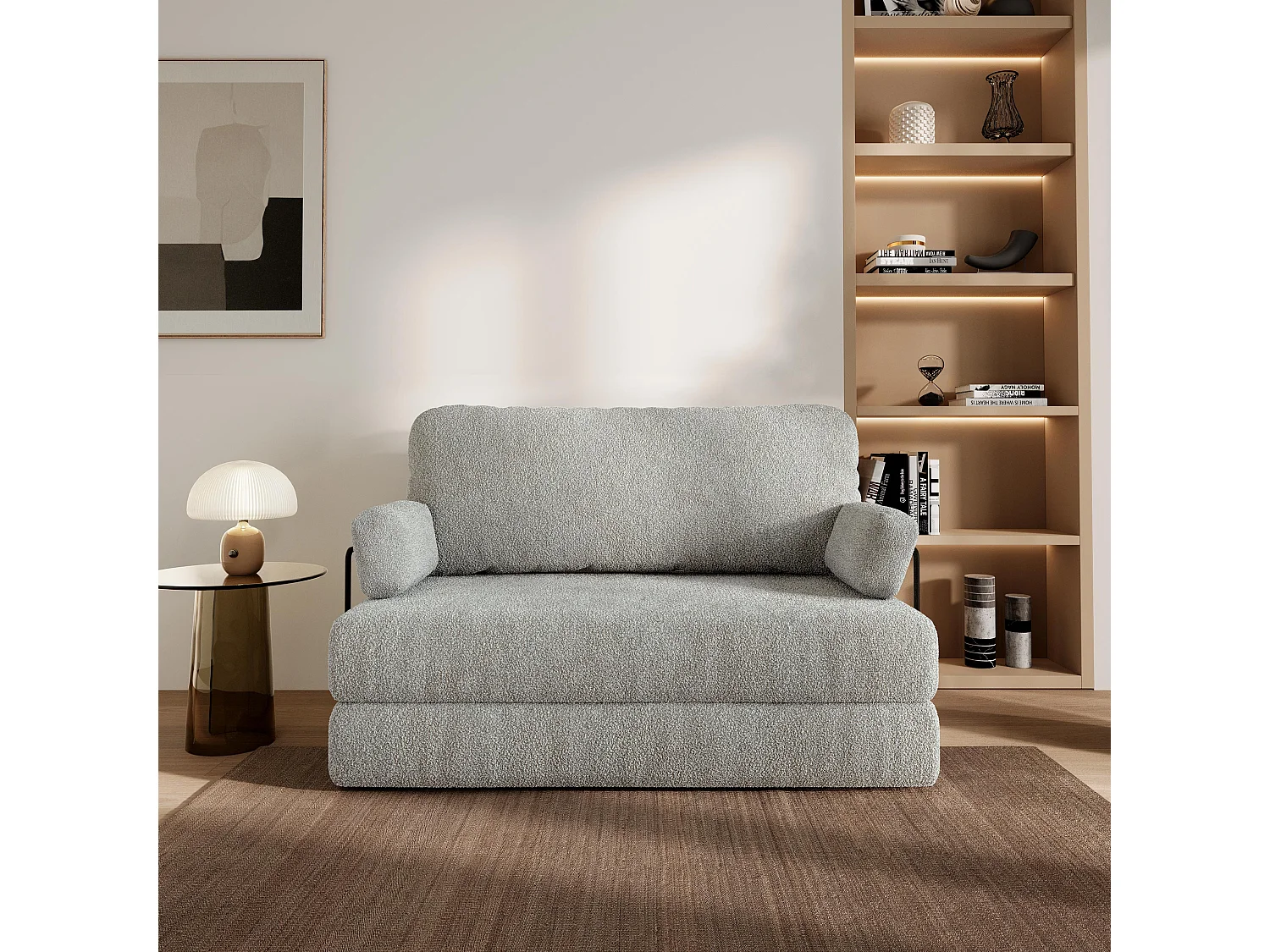 Canapé compressé KESTE avec cadre métallique, Tissu bouclé, Gris clair