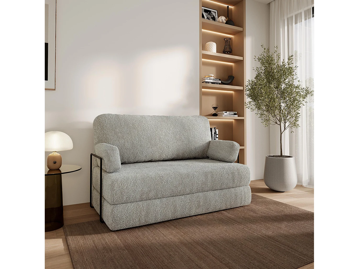 Canapé compressé KESTE avec cadre métallique, Tissu bouclé, Gris clair