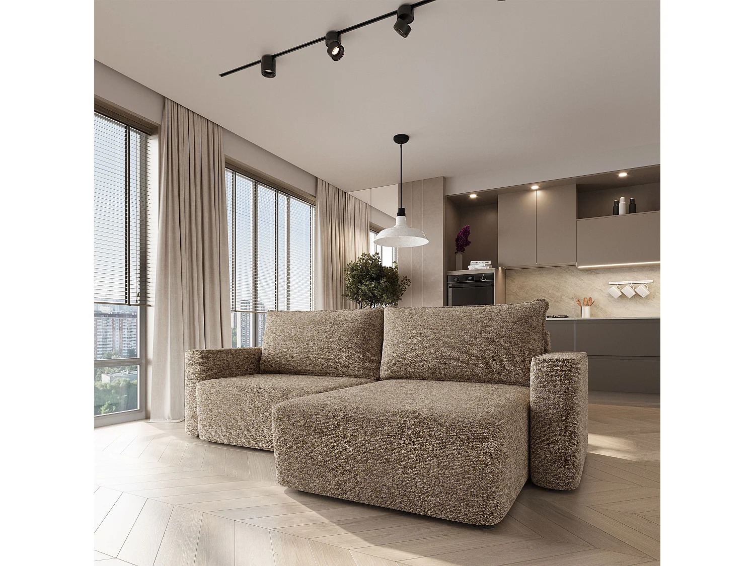 Hoekbank BELISE, met slaapfunctie, Chenille Beige