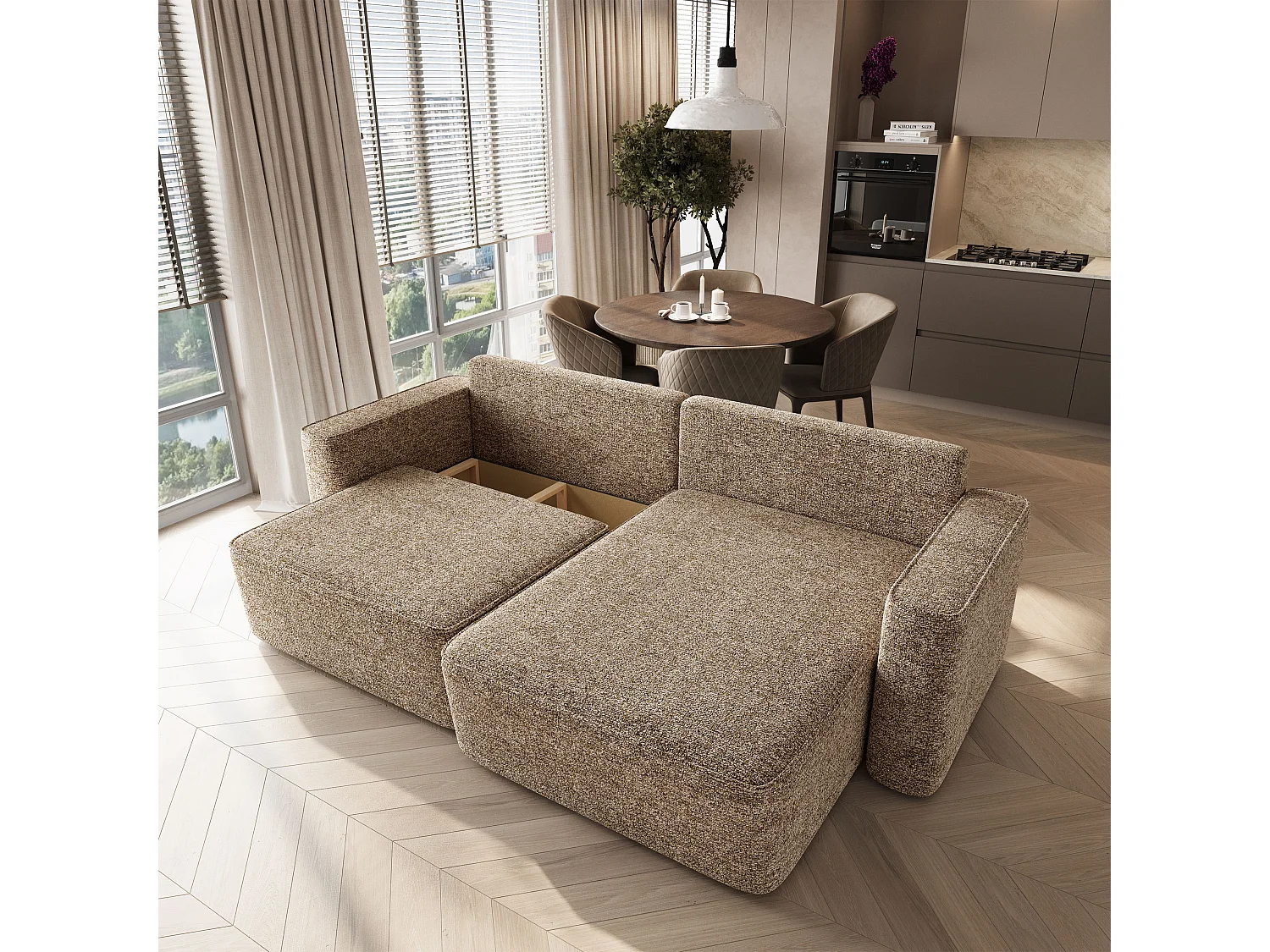Hoekbank BELISE, met slaapfunctie, Chenille Beige