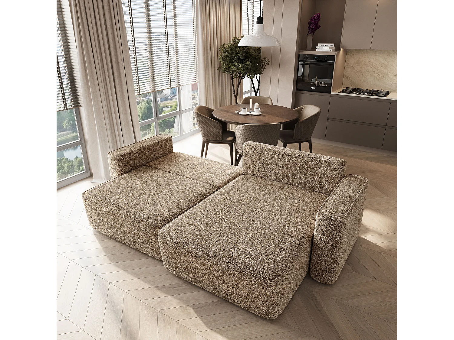 Hoekbank BELISE, met slaapfunctie, Chenille Beige