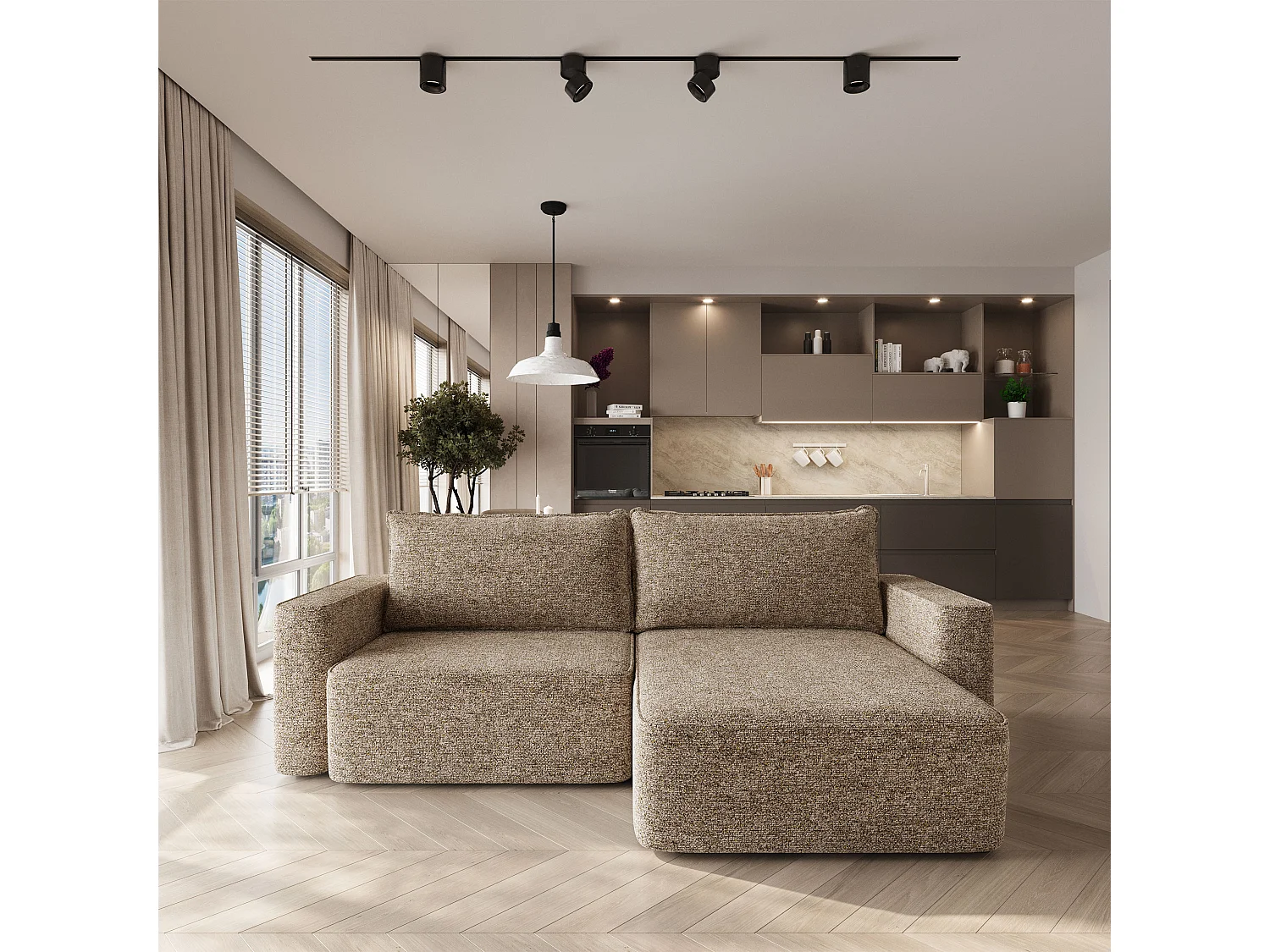 Hoekbank BELISE, met slaapfunctie, Chenille Beige
