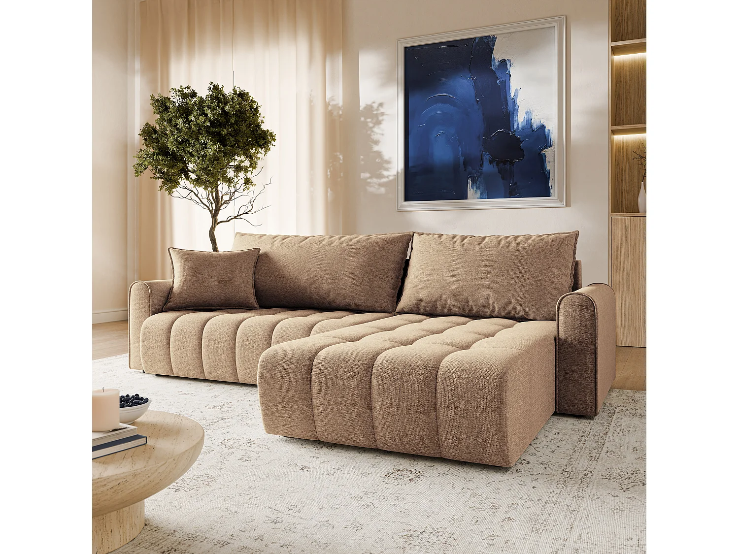 Hoekbank FRIGA, met slaapfunctie, Structuurstof Beige