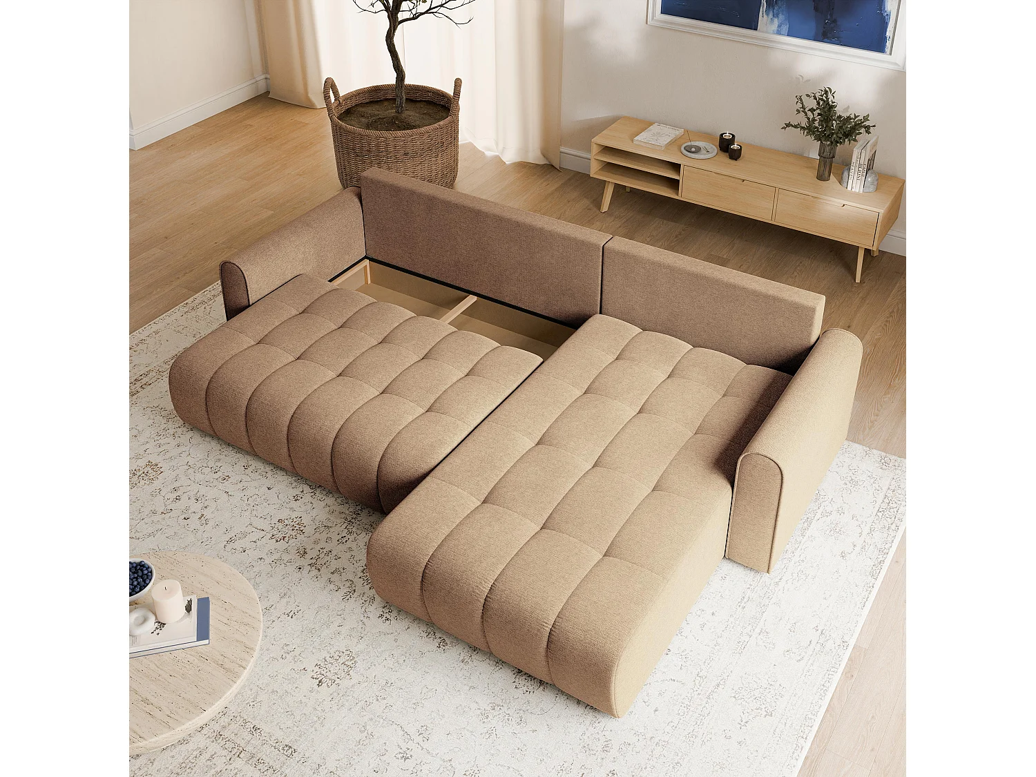 Hoekbank FRIGA, met slaapfunctie, Structuurstof Beige