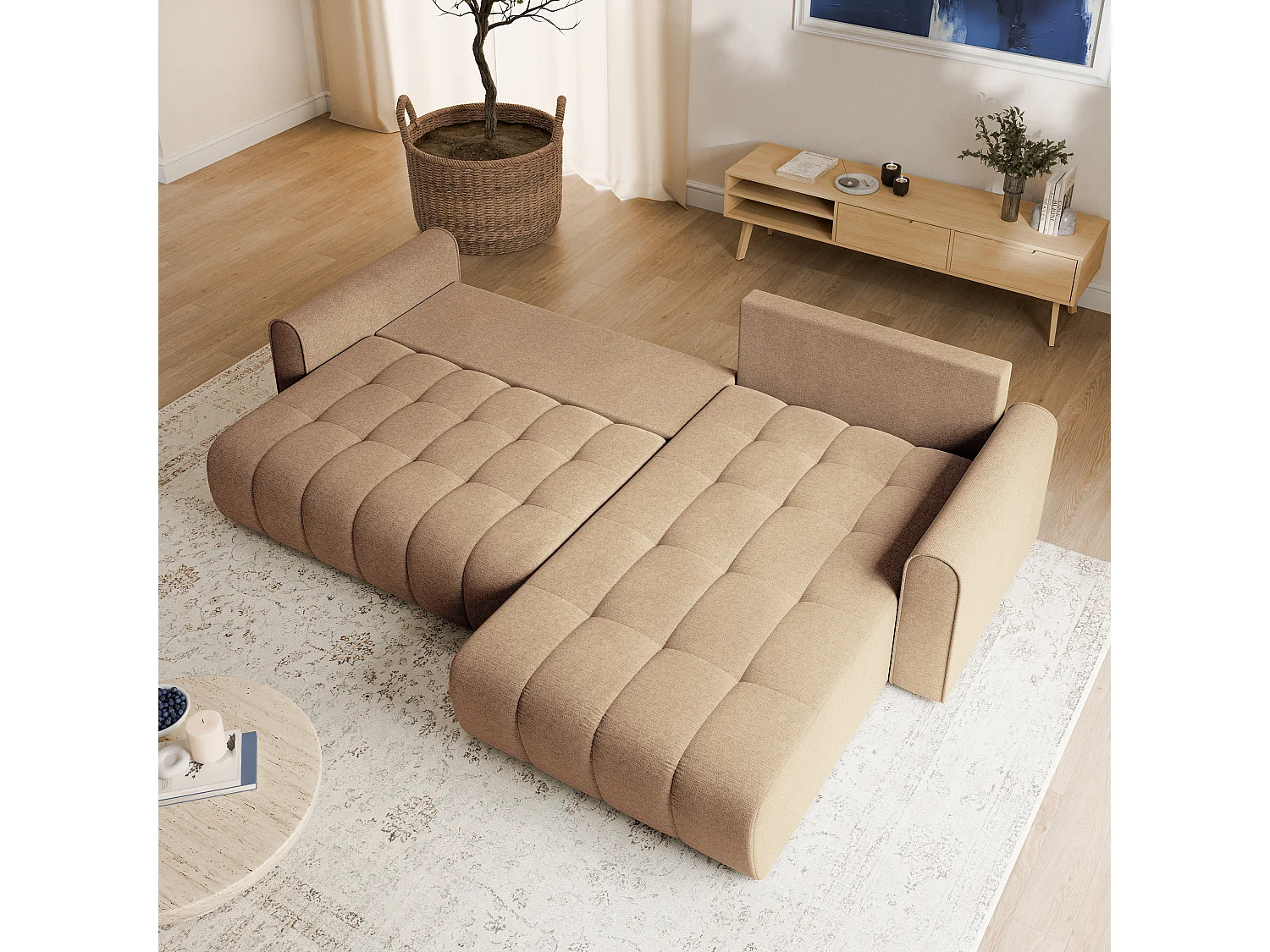 Hoekbank FRIGA, met slaapfunctie, Structuurstof Beige