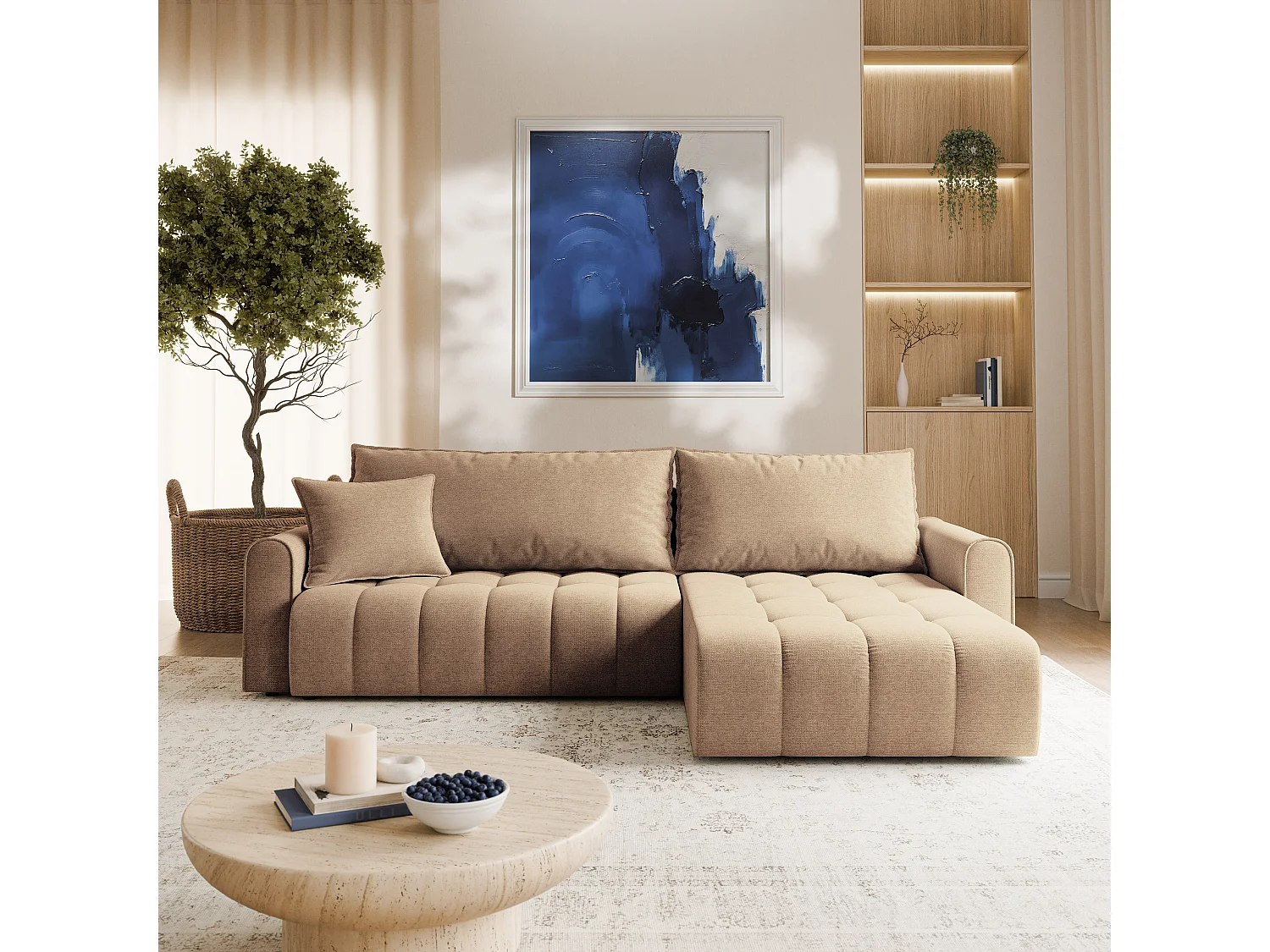 Hoekbank FRIGA, met slaapfunctie, Structuurstof Beige
