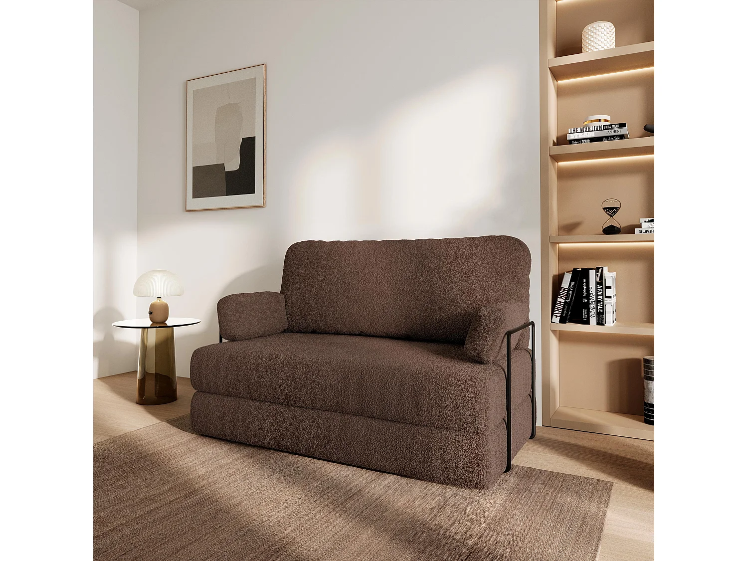 Canapé compressé KESTE avec cadre métallique, Tissu bouclé, Marron