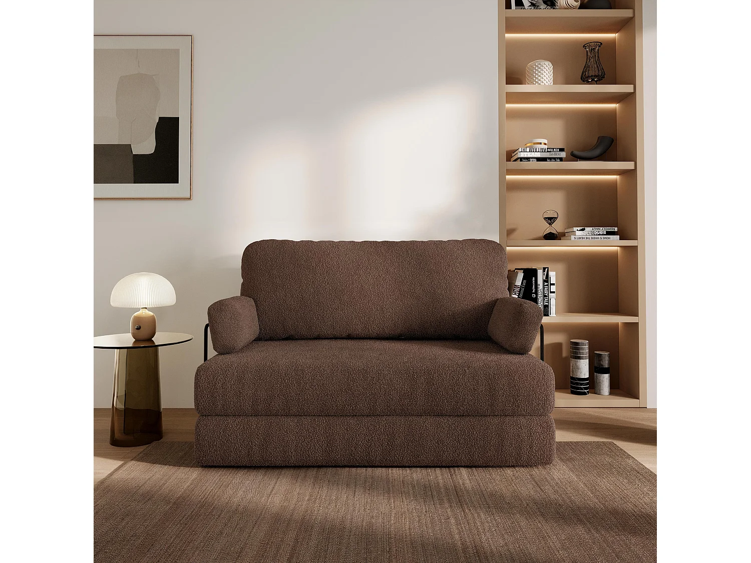 Canapé compressé KESTE avec cadre métallique, Tissu bouclé, Marron
