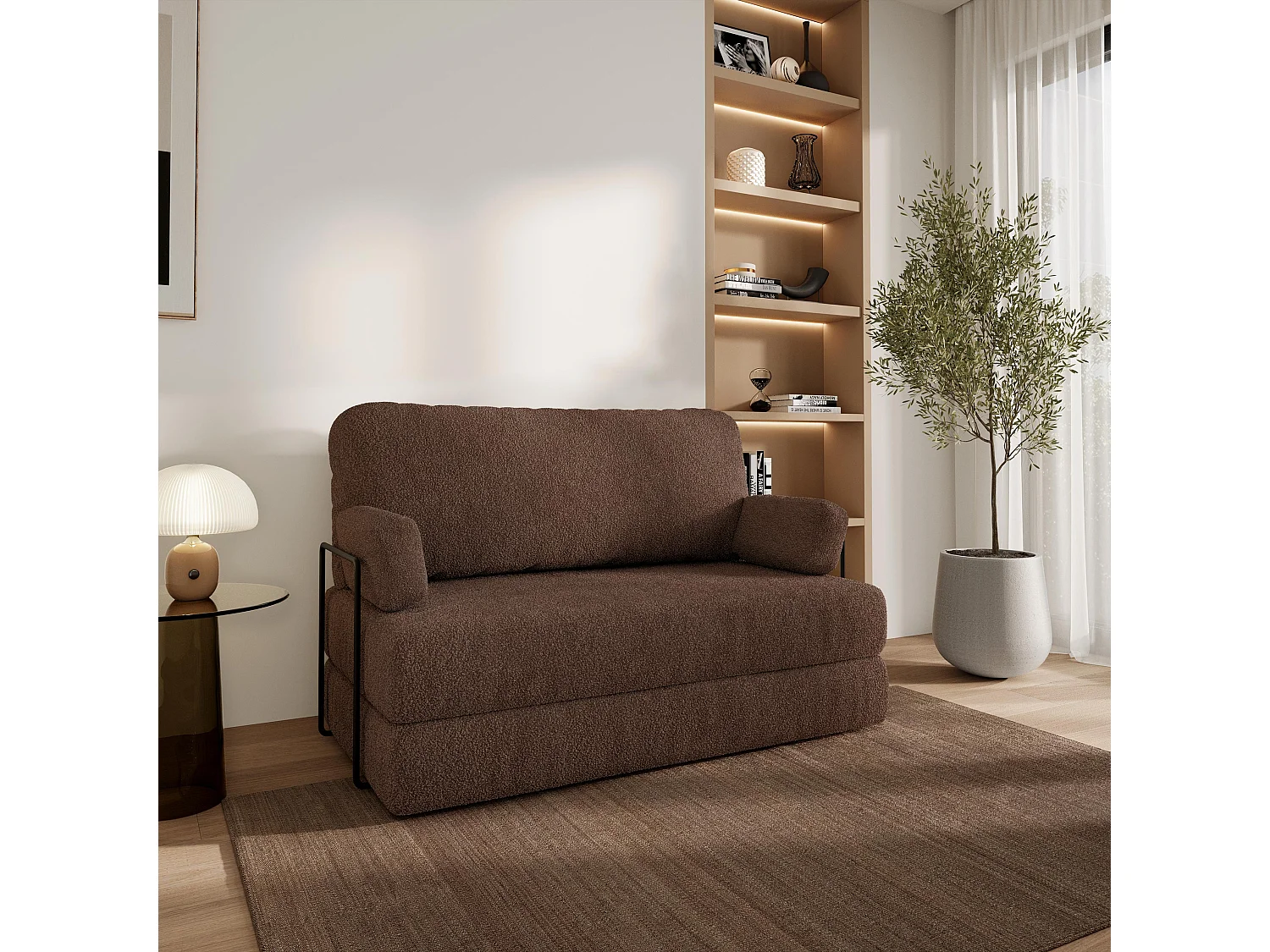 Canapé compressé KESTE avec cadre métallique, Tissu bouclé, Marron