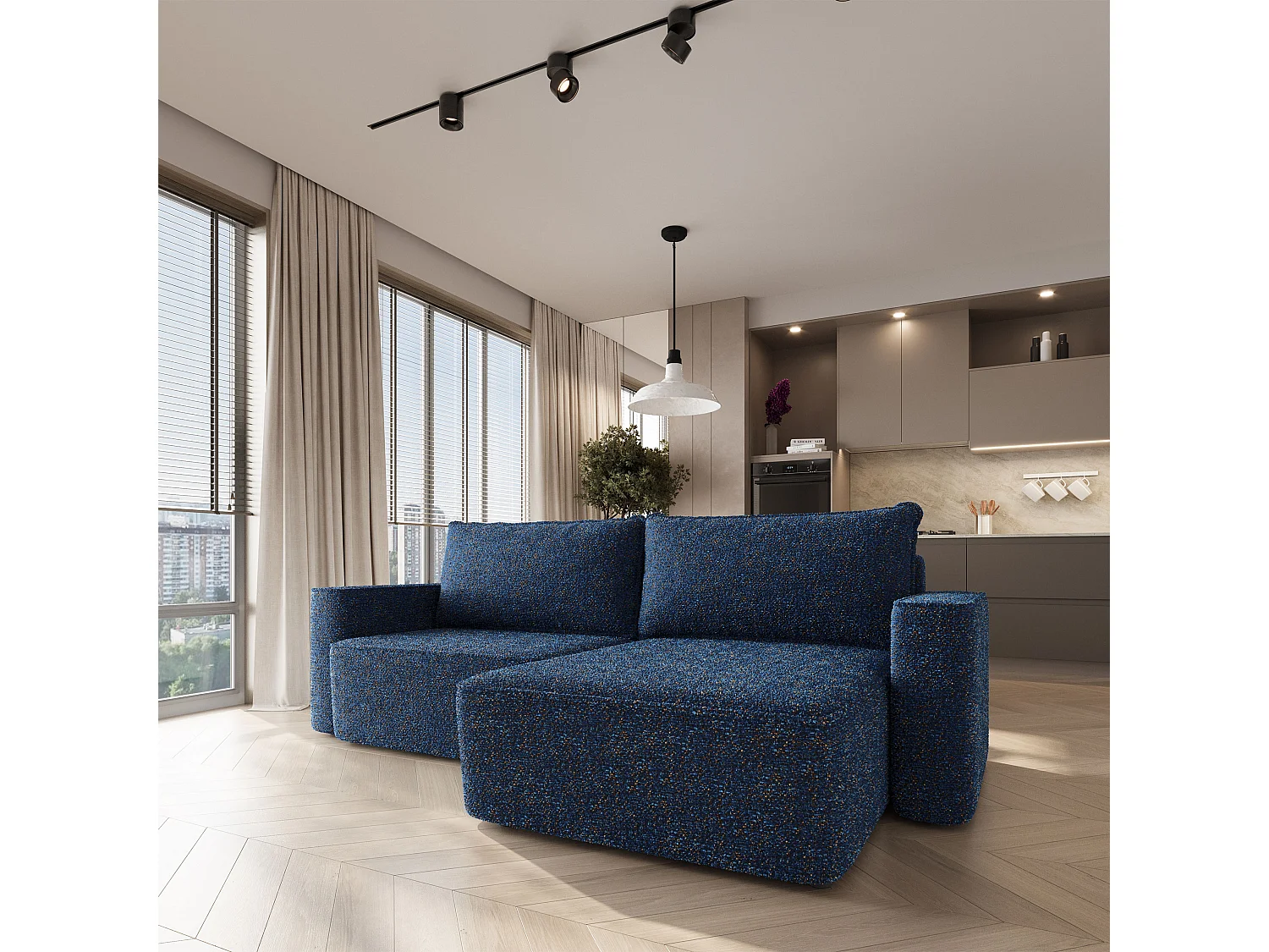 Hoekbank BELISE, met slaapfunctie, Chenille Blauw