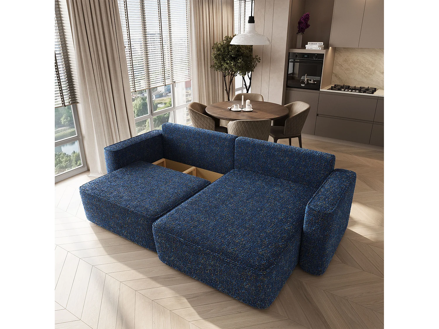 Hoekbank BELISE, met slaapfunctie, Chenille Blauw