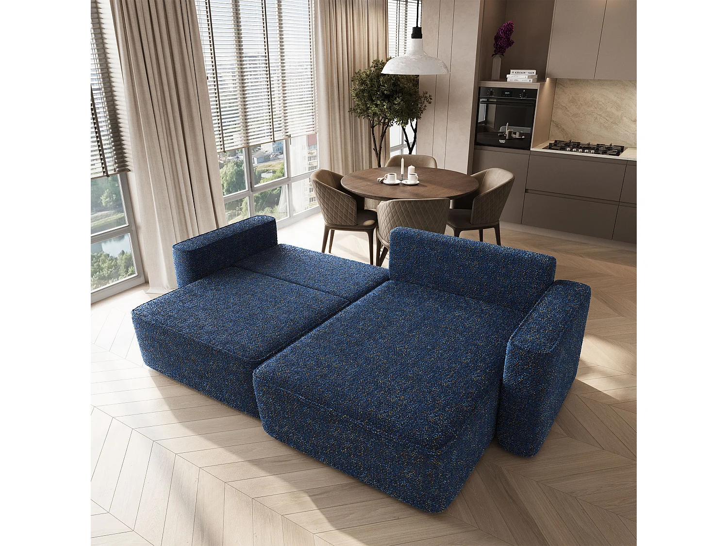 Hoekbank BELISE, met slaapfunctie, Chenille Blauw
