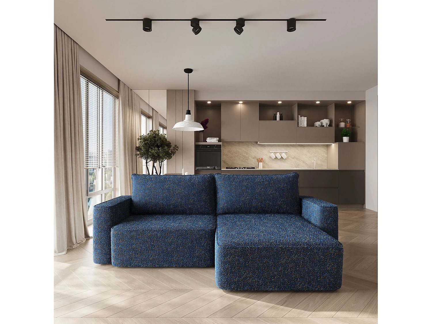 Hoekbank BELISE, met slaapfunctie, Chenille Blauw