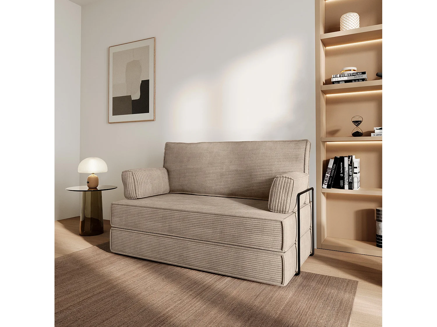 Canapé compressé LADIA avec cadre métallique, Velours côtelé POSO, Beige