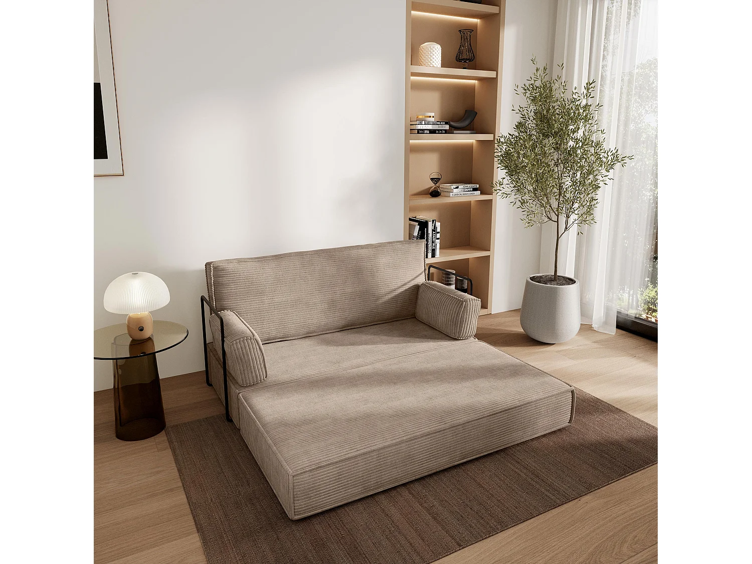 Canapé compressé LADIA avec cadre métallique, Velours côtelé POSO, Beige