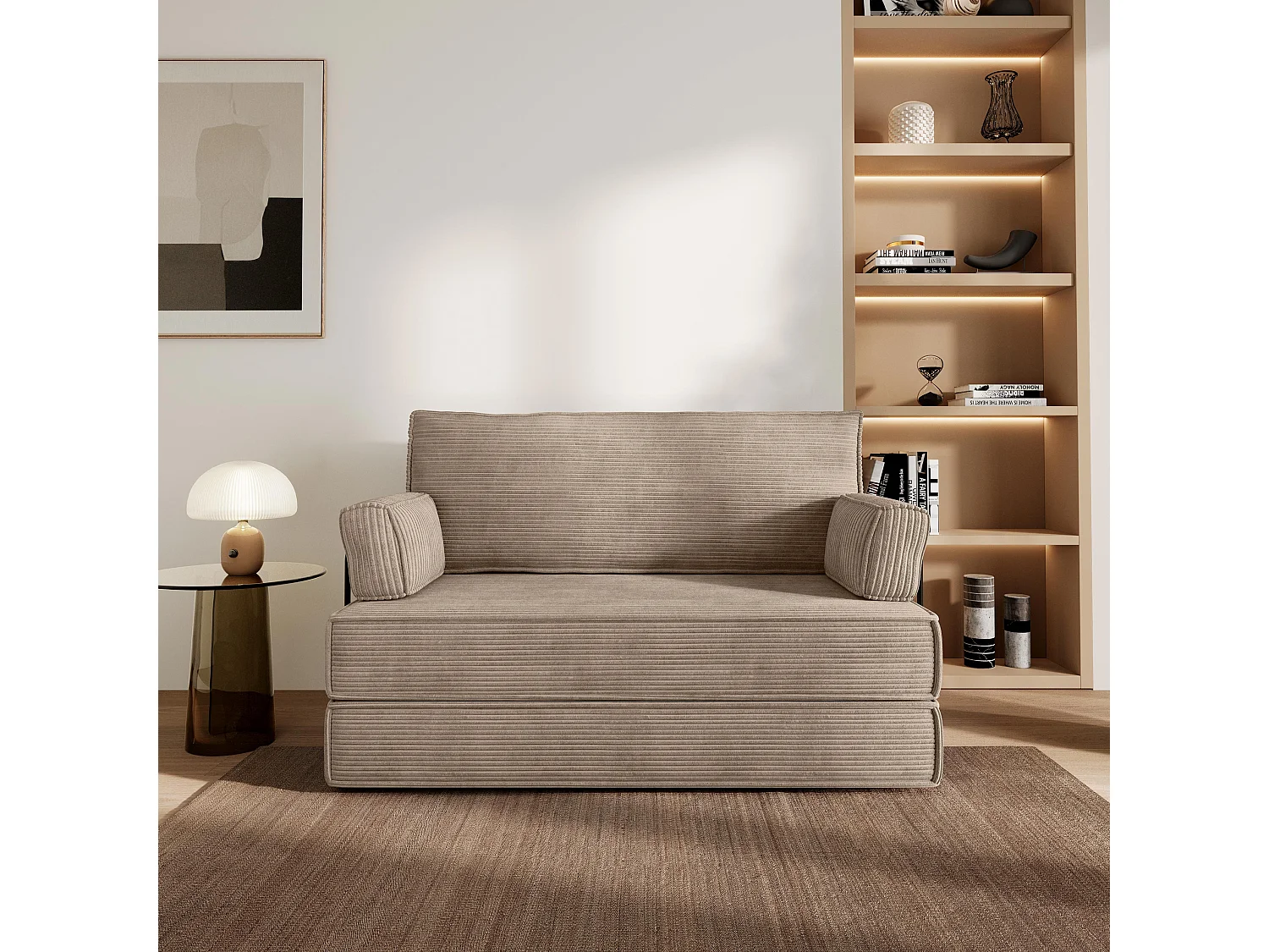 Canapé compressé LADIA avec cadre métallique, Velours côtelé POSO, Beige