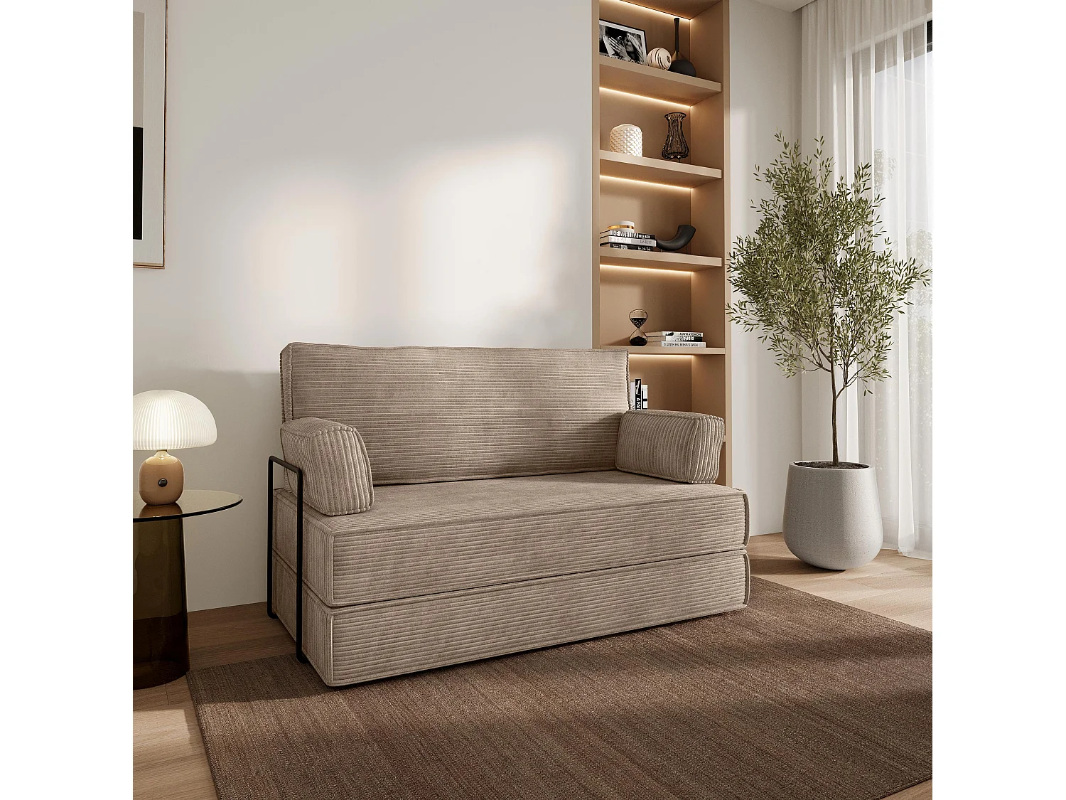 Canapé compressé LADIA avec cadre métallique, Velours côtelé POSO, Beige