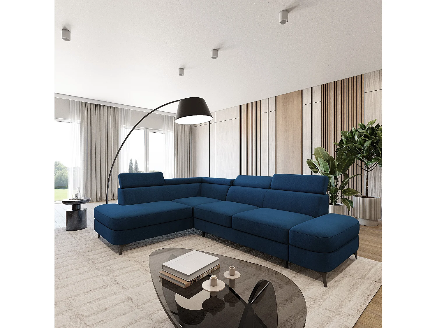 Hoekbank AVISE, met slaapfunctie, Veloursstof Blauw