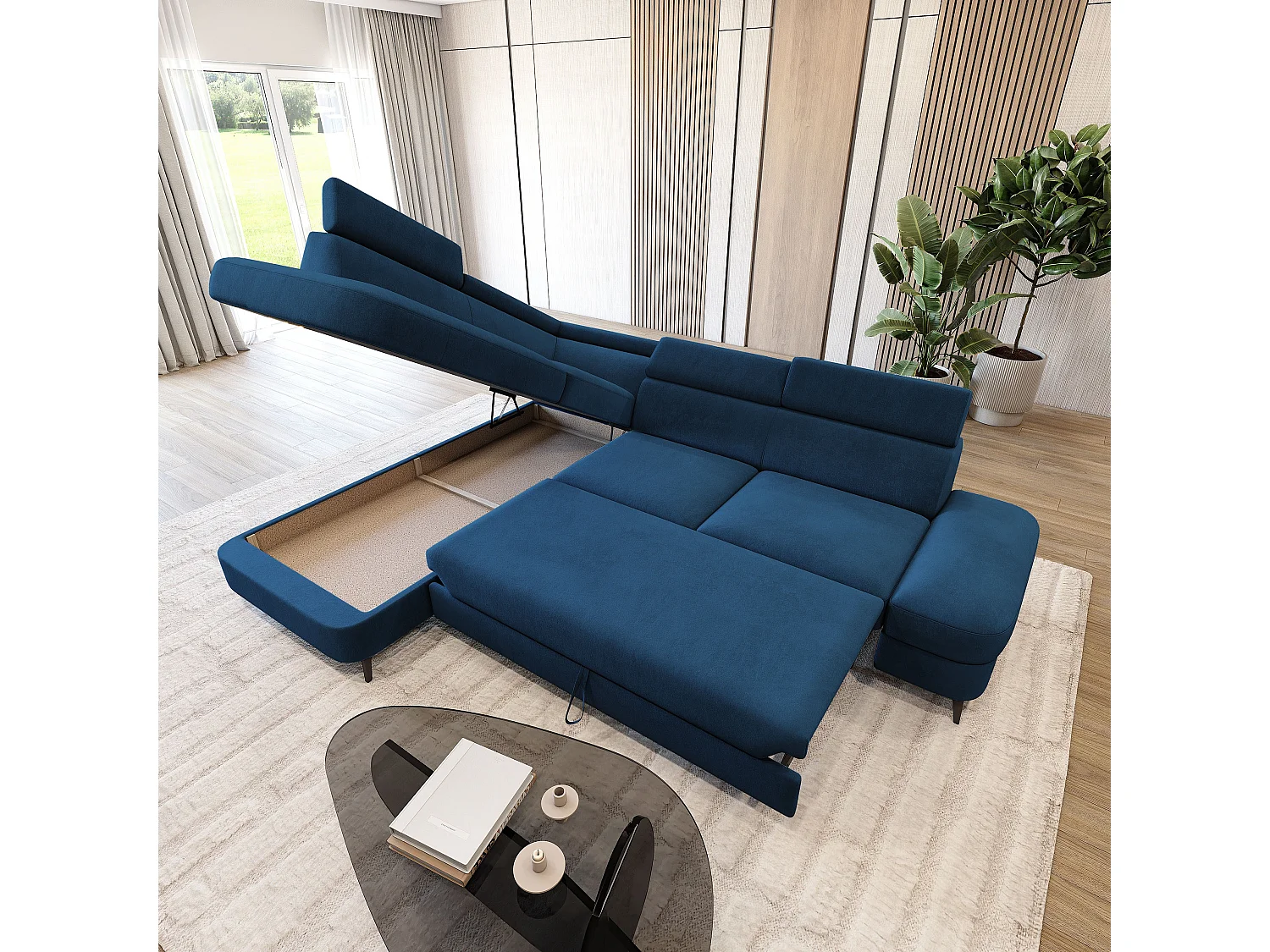 Hoekbank AVISE, met slaapfunctie, Veloursstof Blauw
