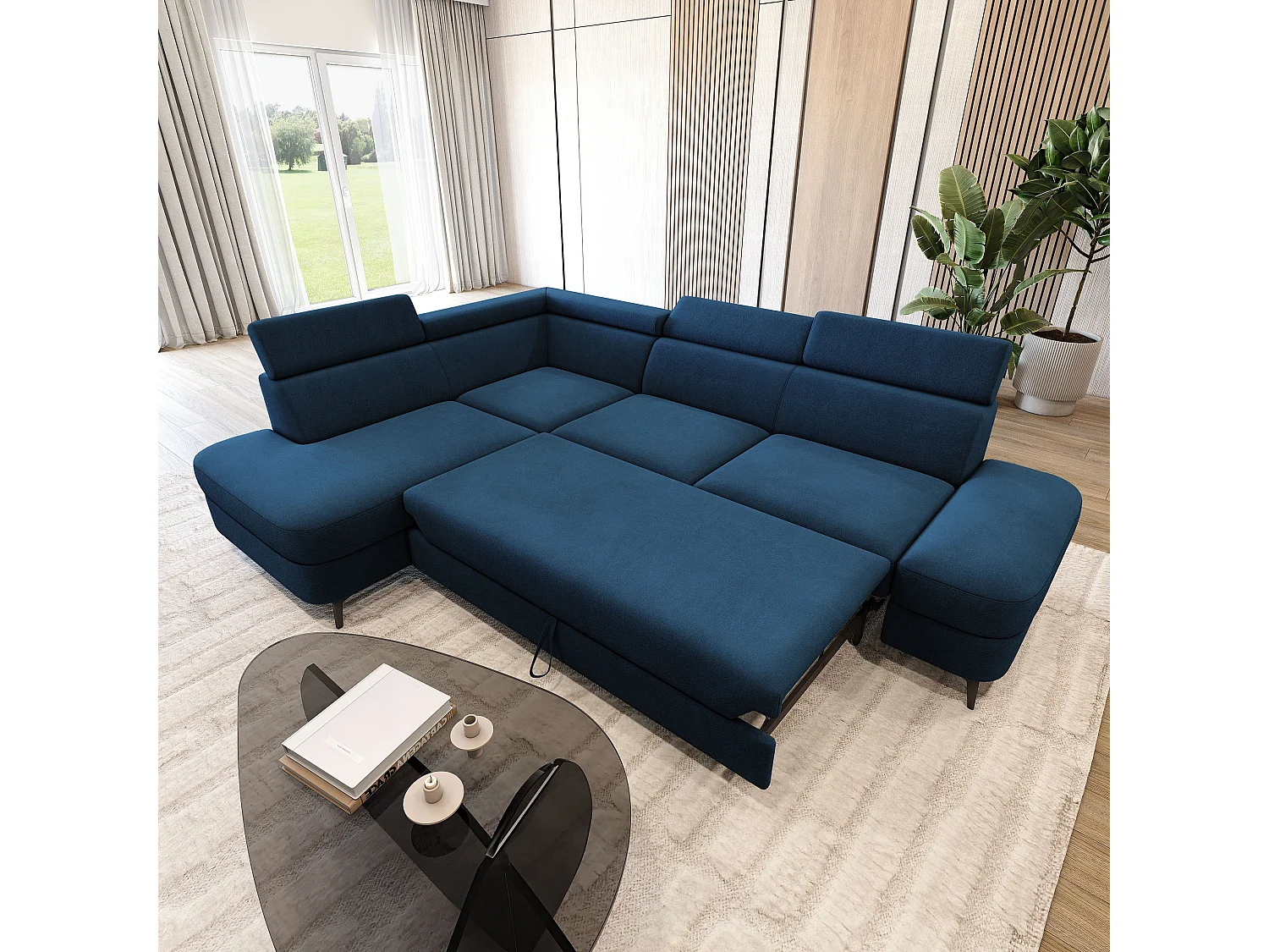 Hoekbank AVISE, met slaapfunctie, Veloursstof Blauw