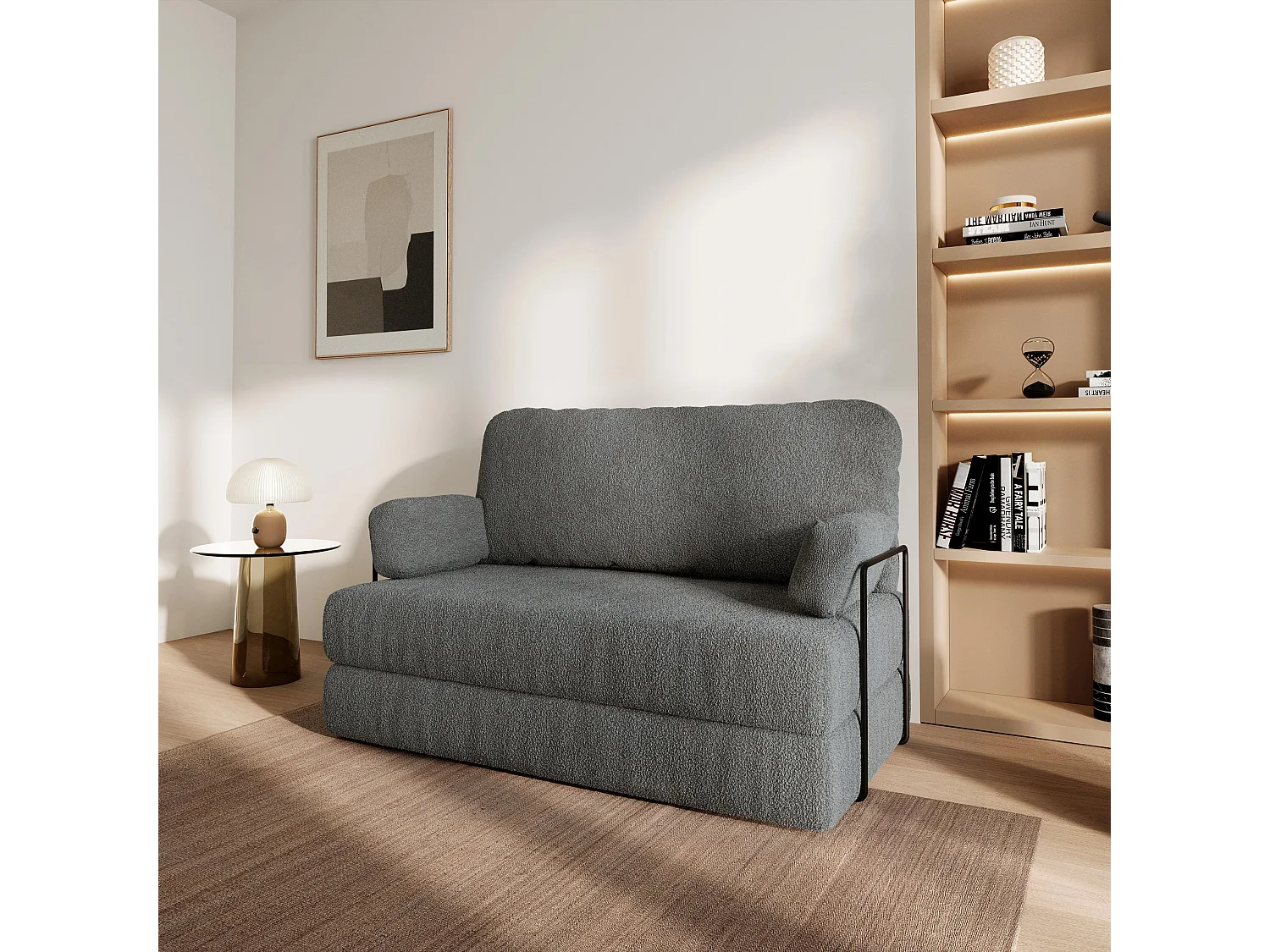 Canapé compressé KESTE avec cadre métallique, Tissu bouclé, Gris