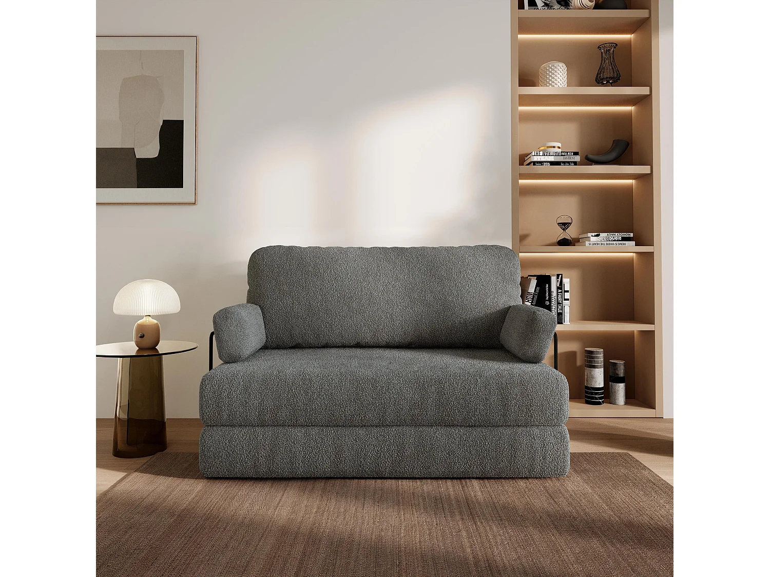 Canapé compressé KESTE avec cadre métallique, Tissu bouclé, Gris