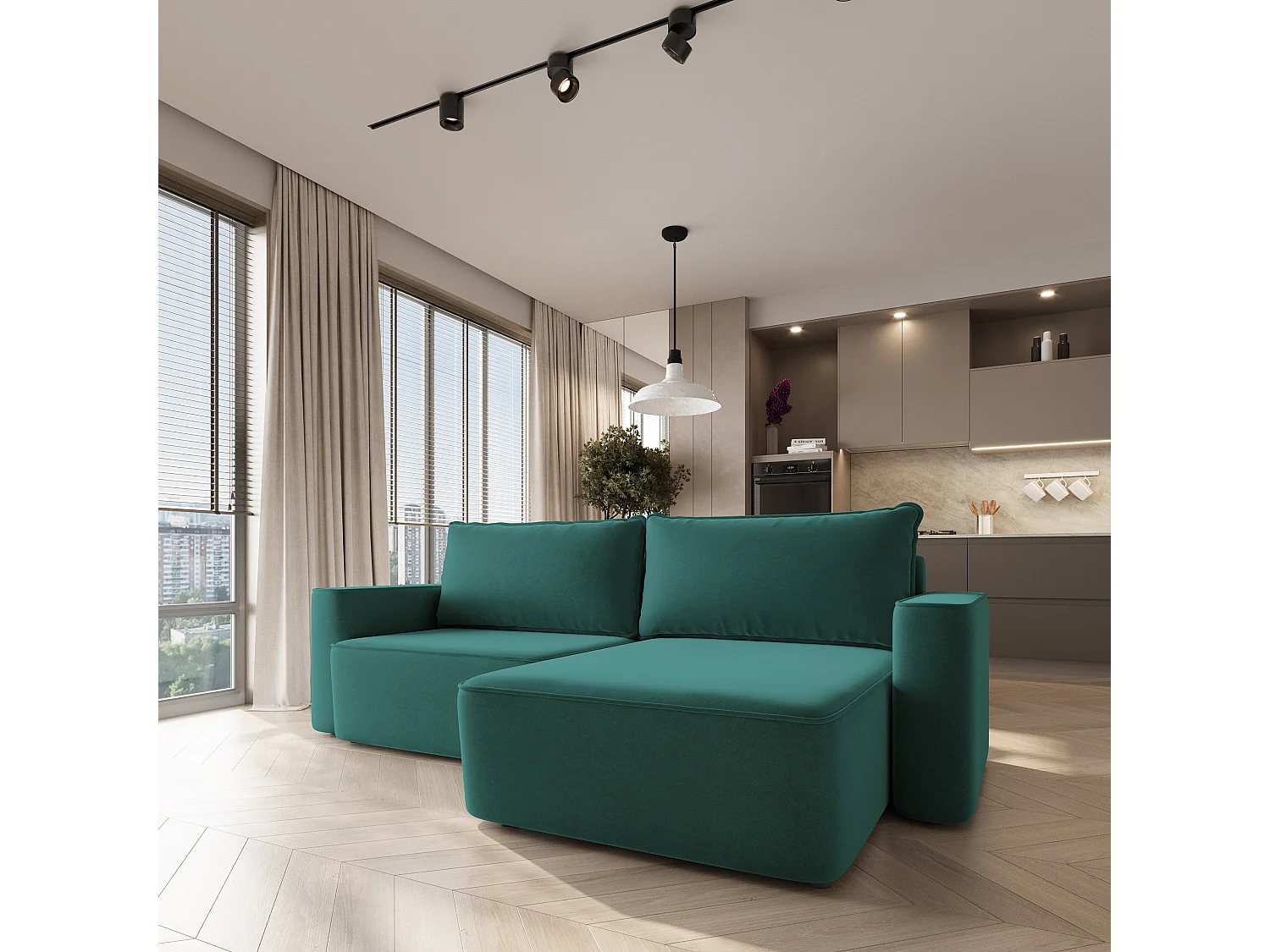 Hoekbank BELISE, met slaapfunctie, Fluweelstof Blauw