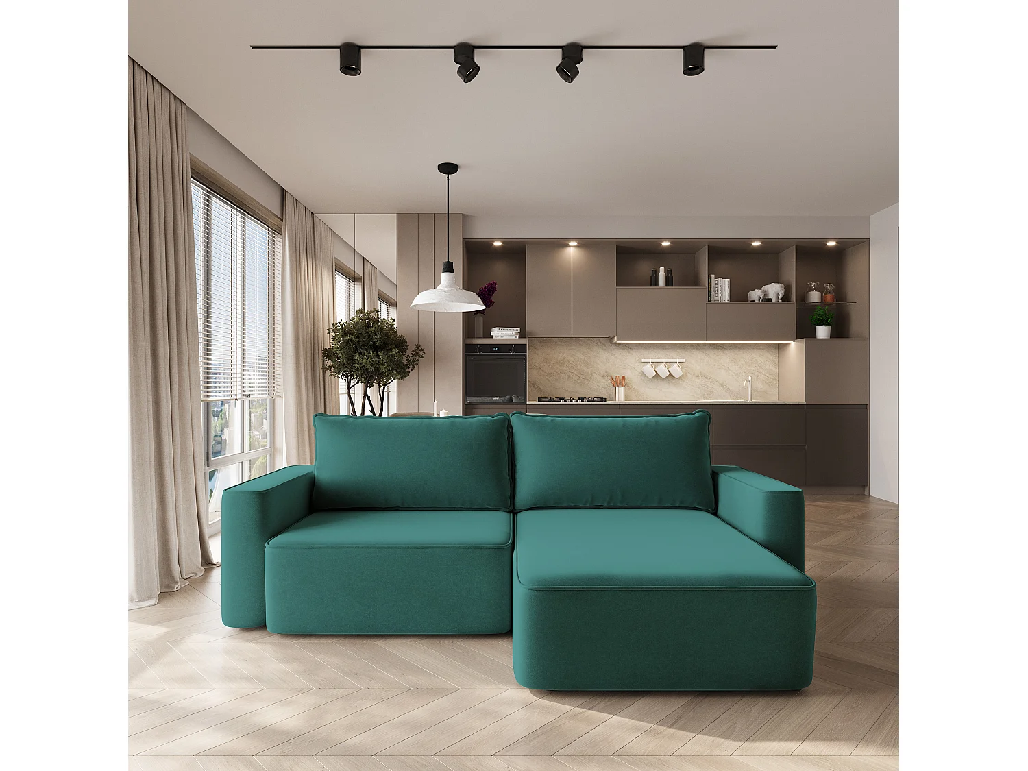 Hoekbank BELISE, met slaapfunctie, Fluweelstof Blauw