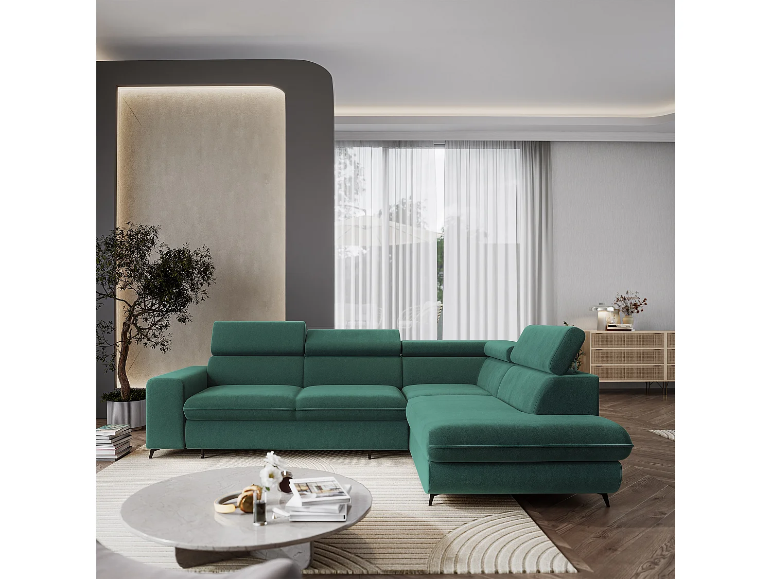 Hoekbank VELISS, met slaapfunctie, Fluweelstof Blauw