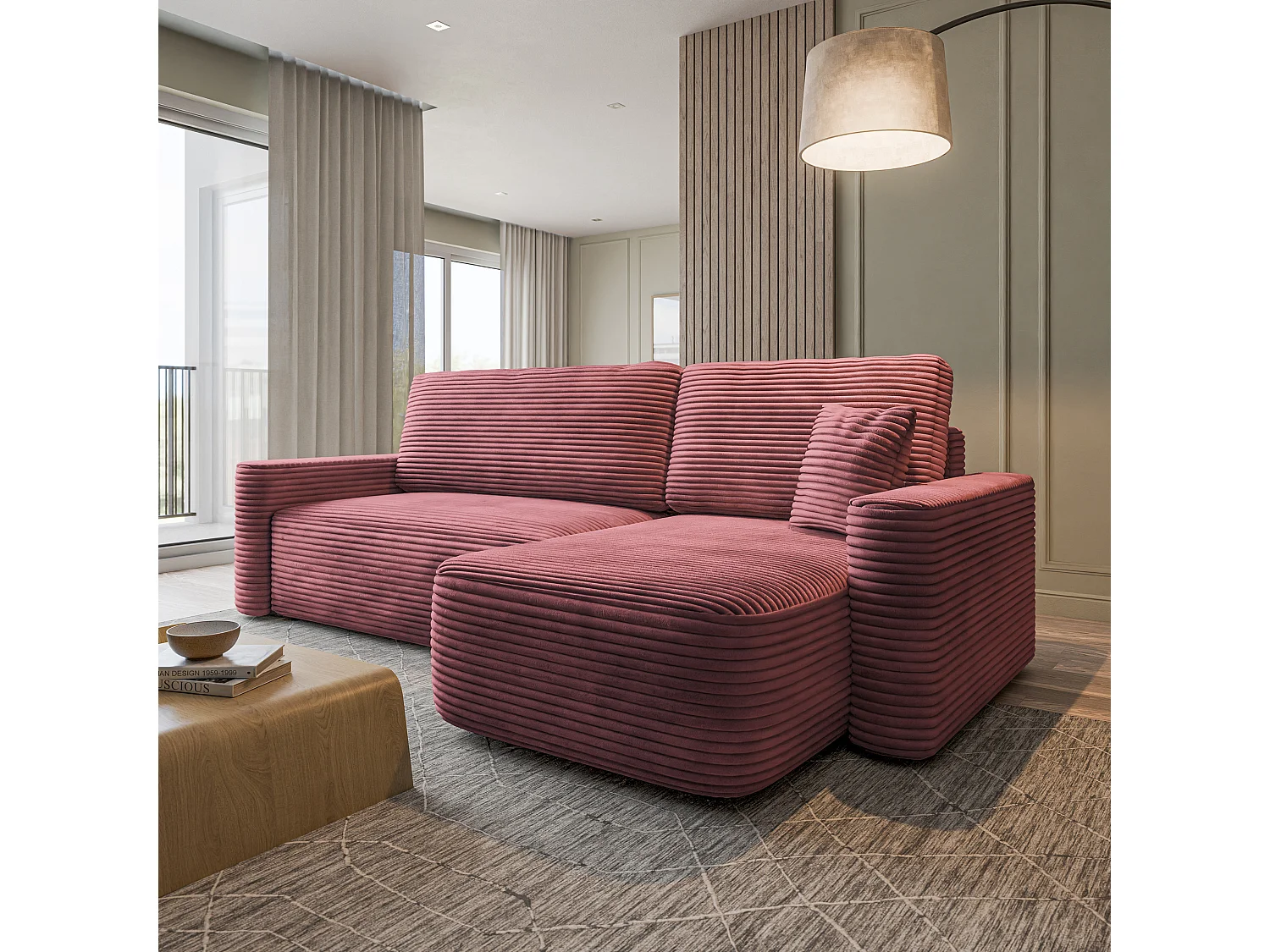 Hoekbank NERI, met slaapfunctie, Cordstof Roze
