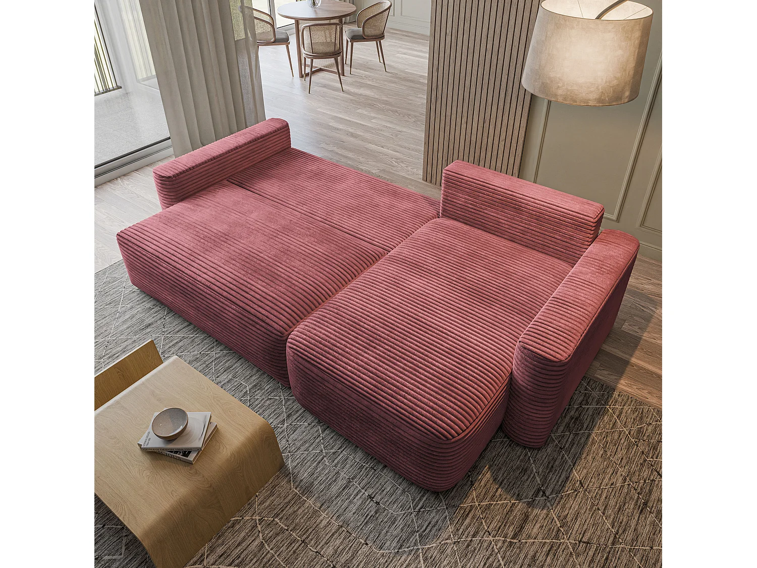 Hoekbank NERI, met slaapfunctie, Cordstof Roze