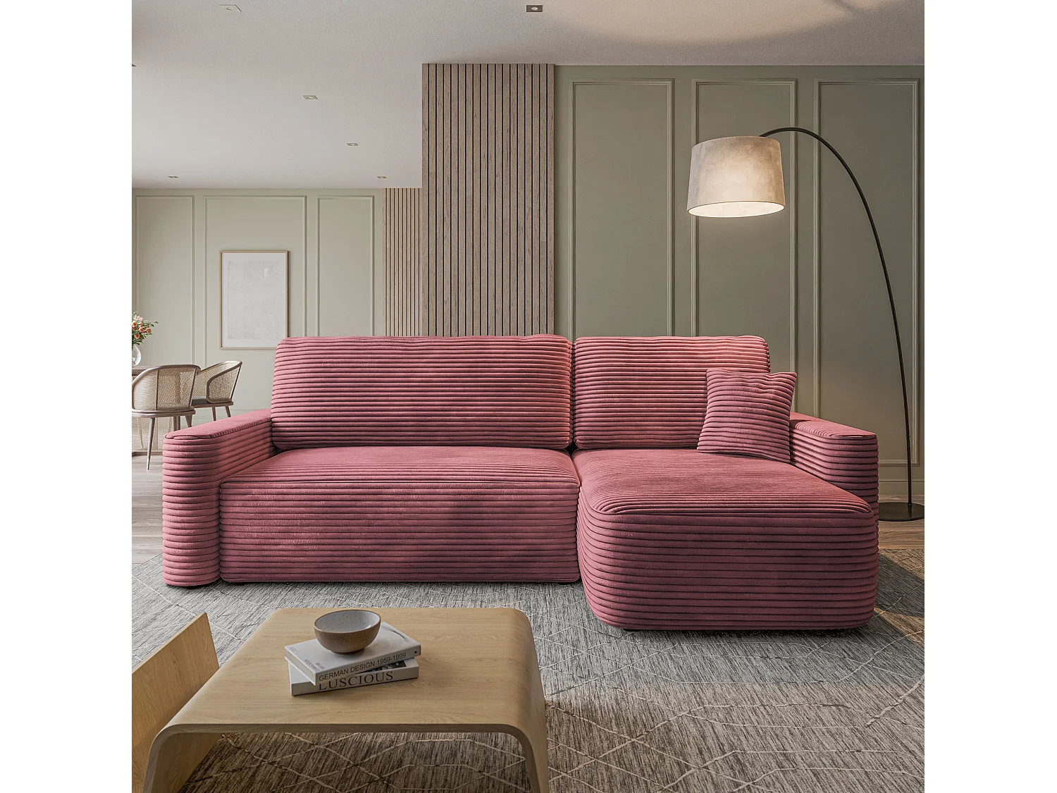 Hoekbank NERI, met slaapfunctie, Cordstof Roze