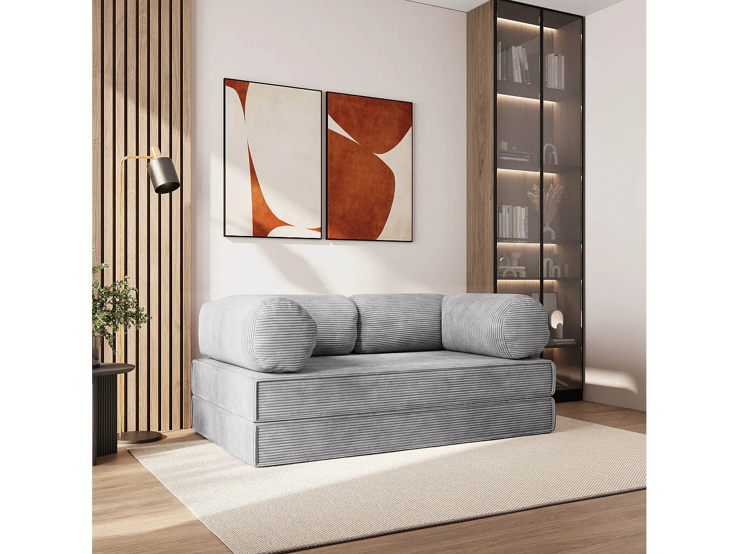 Canapé compressé ALVIO sans cadre métallique, Velours côtelé POSO, Gris clair