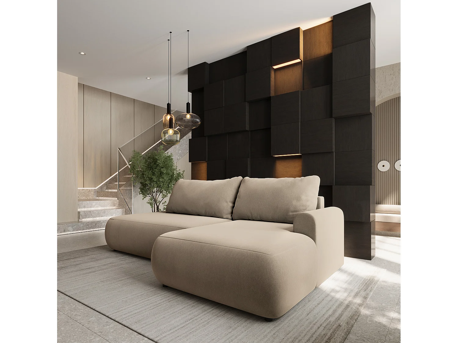 Hoekbank NUVIRA, met slaapfunctie, Fluweelstof Beige