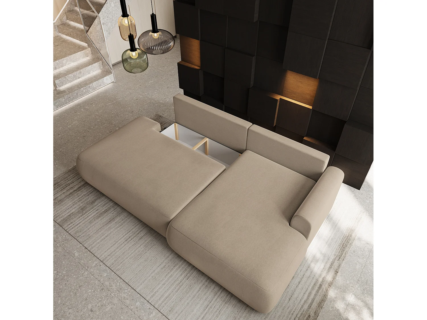 Hoekbank NUVIRA, met slaapfunctie, Fluweelstof Beige